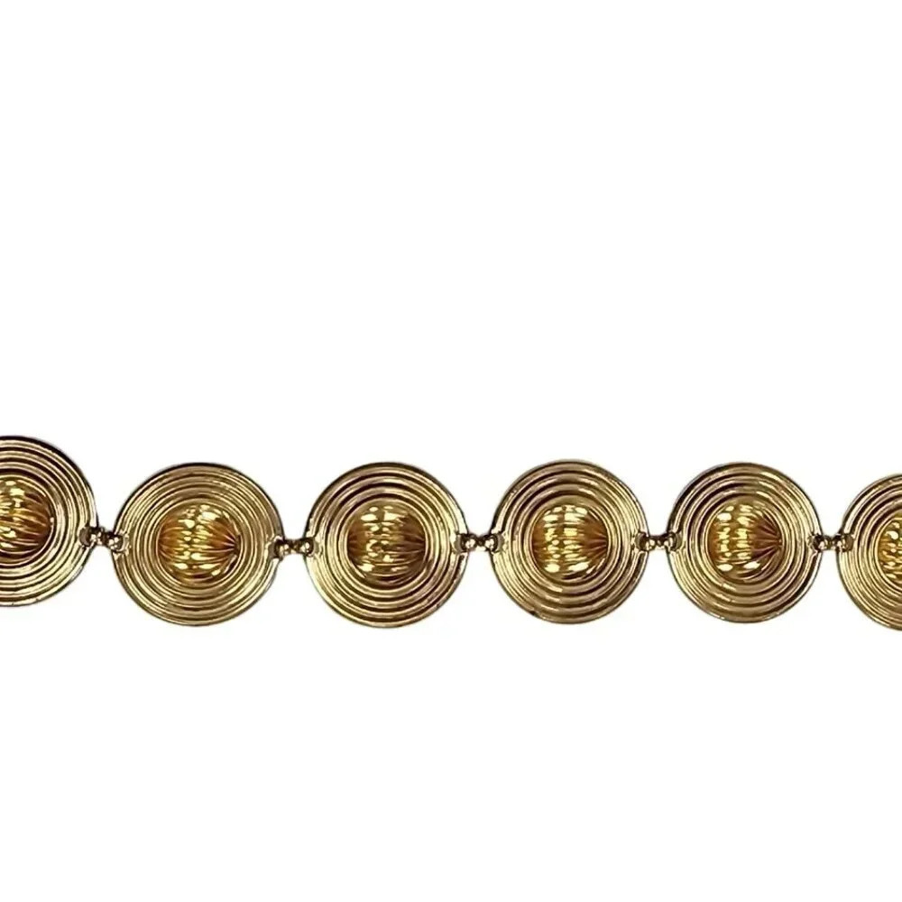 Vintage Round Panel Link Bangle Bracelet Gold Tone Spring Ring Closure